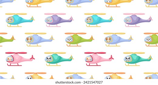 Cute little animals fly on helicopter seamless childish pattern. Funny cartoon animal character for fabric, wrapping, textile, wallpaper, apparel. Vector illustration.