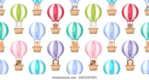 Cute little animals fly on hot air balloons seamless childish pattern. Funny cartoon animal character for fabric, wrapping, textile, wallpaper, apparel. Vector illustration.