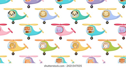 Cute little animals fly on helicopter seamless childish pattern. Funny cartoon animal character for fabric, wrapping, textile, wallpaper, apparel. Vector illustration.
