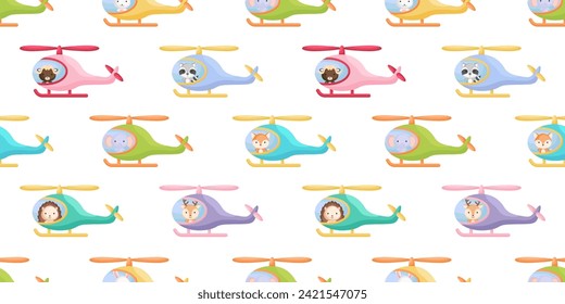 Cute little animals fly on helicopter seamless childish pattern. Funny cartoon animal character for fabric, wrapping, textile, wallpaper, apparel. Vector illustration.