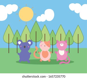 cute little animals in the forest kawaii characters vector illustration design
