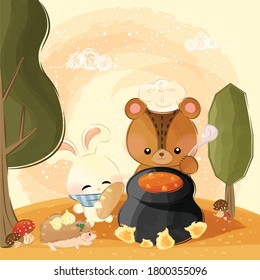 cute little animals makes pumpkin soup