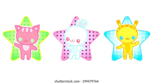Cute little animals on the background of stars