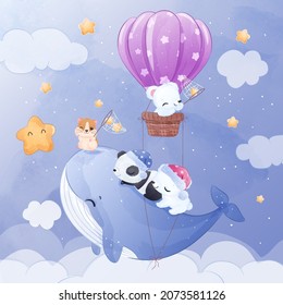 Cute little animals and orca flying in watercolor illustration