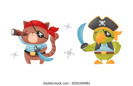 Pequeños animales cortos piratas. Gato gracioso, marinero de loro personajes caricatura ilustración vectorial