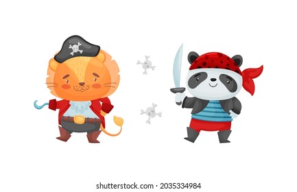 Cute little animals pirates set. Funny lion, panda bear sailor characters cartoon vector illustration