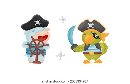 Cute little animals pirates set. Funny parrot, hippo sailor characters cartoon vector illustration