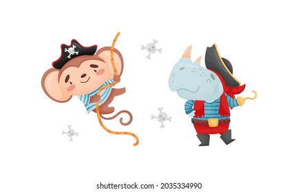 Cute little animals pirates set. Funny monkey, rhino sailor characters cartoon vector illustration