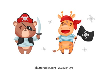 Cute little animals pirates set. Funny bear, giraffe sailor characters cartoon vector illustration