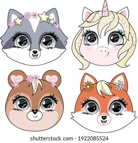 Cute little animals. Raccoon, bear, fox and unicorn heads over white background. Vector.