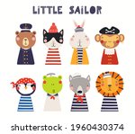 Cute little animals in sailor, pirate costumes set, isolated on white. Hand drawn vector illustration. Scandinavian style flat design. Concept for kids nautical fashion, textile print, poster, card.