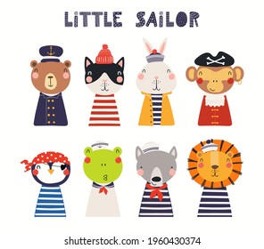 Cute little animals in sailor, pirate costumes set, isolated on white. Hand drawn vector illustration. Scandinavian style flat design. Concept for kids nautical fashion, textile print, poster, card.