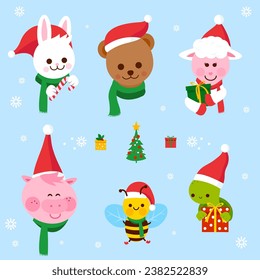 Cute little animals with Santa Claus hats holding Christmas presents. Vector illustration.