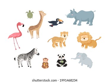 Cute little animals set. Collection of zoo characters. Wild jungle creatures isolated on white background. Lion, giraffe, zebra, toucan, flamingo, rhinoceros, turtle, cheetah, monkey baby and panda