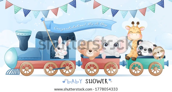 Cute little animals sitting in the train
with watercolor
illustration