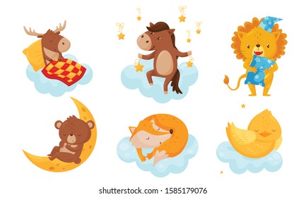 Cute Little Animals Sleeping Under Starry Sky Resting on Clouds Vector Set