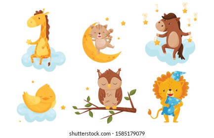 Cute Little Animals Sleeping Under Starry Sky Resting on Clouds Vector Set