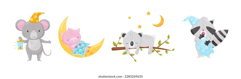 Cute Little Animals Sleeping Under Starry Sky with Crescent Vector Set