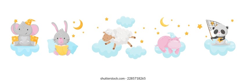 Cute Little Animals Sleeping Under Starry Sky with Crescent Vector Set