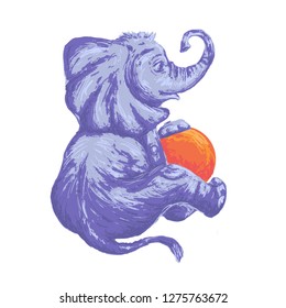 Cute little animated cartoon baby elephant with a ball, sitting back and sideways. Sketch drawing. Isolated vector image for children t-shirt and prints.