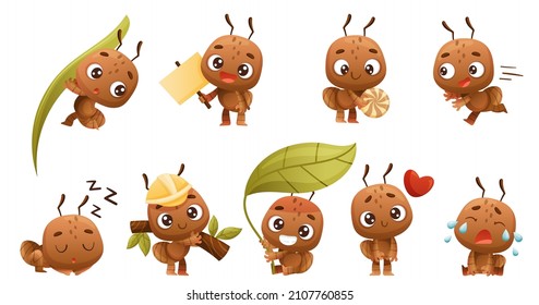 Cute little ant baby doing various activities set. Brown insect cartoon character vector illustration