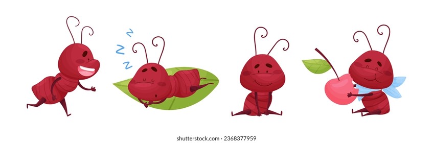 Cute Little Ant Baby Doing Various Activities Vector Set