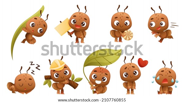 Cute little ant baby doing\
various activities set. Brown insect cartoon character vector\
illustration