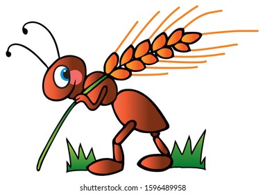 Cute little ant is carrying a wheat stalk. Colored vector for card or gift.