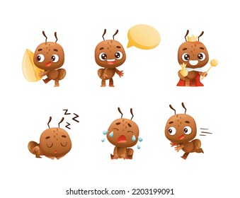 Cute Little Ant Character with Antennae Engaged in Different Activity Vector Set