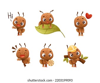 Cute Little Ant Character with Antennae Engaged in Different Activity Vector Set