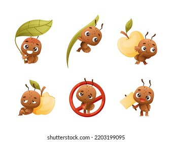 Cute Little Ant Character with Antennae Engaged in Different Activity Vector Set