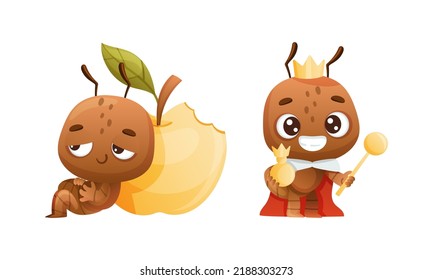 Cute little ant eating apple, queen ant in red mantle and golden crown. Funny insect in everyday activities cartoon vector illustration