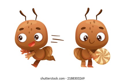 Cute little ant running and holding candy. Funny insect in everyday activities cartoon vector illustration