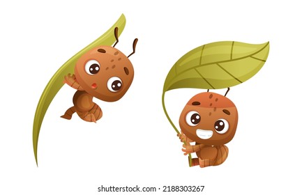 Cute little ant sitting under green leaf and hanging on blade of grass. Funny insect in everyday activities cartoon vector illustration