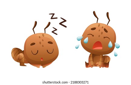 Cute little ant sleeping and crying. Funny insect in everyday activities cartoon vector illustration