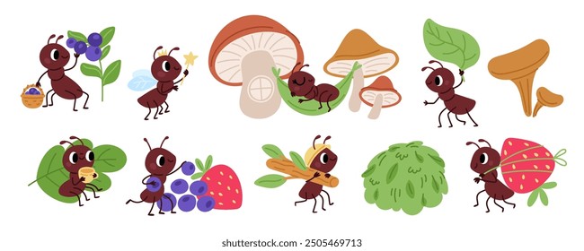 Cute little ants. Hardworking insects. Working and resting characters. Kids cartoon mascots. Arthropod carrying food and leaves. Anthill building. Various activities