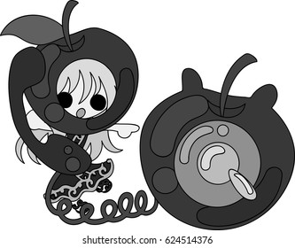 A cute little apple girl and the telephone of the apple 