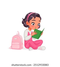 Menina árabe bonito no uniforme escolar lendo um livro interessante enquanto sentado no chão. Ilustração de vetor de desenhos animados isolada sobre fundo branco.