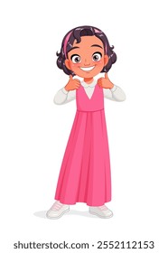 Cute little Arab girl in school uniform showing thumbs up. Cartoon vector illustration isolated on white background.