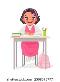 Linda niña de escuela árabe en uniforme sentada en el escritorio y estudiando. Ilustración vectorial de dibujos animados aislados sobre fondo blanco.