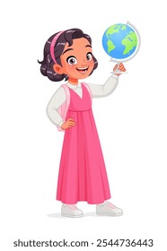 Linda niña escolar árabe sosteniendo un globo terráqueo. Ilustración vectorial de dibujos animados aislados sobre fondo blanco.