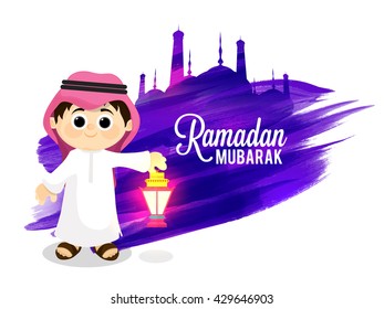 Cute little Arabian Boy holding beautiful lamp on purple brush stroke and Mosque decorated abstract background for Islamic Holy Month, Ramadan Mubarak celebration.