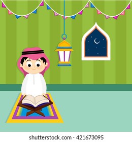 Cute Little Arabic Boy reading Holy Book "Quran Shareef" on creative Background for Islamic Festivals Celebration.