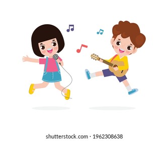 cute little asian boy and girl playing guitar and singing, happy kids couple Making Music Performance character cartoon flat style isolated on white background vector illustration