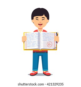 Cute little asian boy holding an open work book with handwriting. Flat style color modern vector illustration.