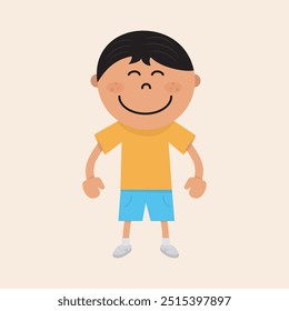 Cute little asian boy vector art illustration. Kid boy with black hair, big smile, freckles and happy mood. Red dress white flower stamps. Flat style, vector line, vector 100% resizable.