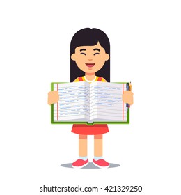 Cute little asian girl holding an open work book with handwriting. Flat style color modern vector illustration.