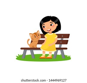 Cute little Asian girl and kitty are sitting on the bench. Happy school or preschool kid and her pet playing together. Funny cartoon character. Vector illustration. Isolated on white background.