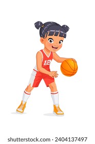 Cute little Asian girl playing basketball. Sports kid. Cartoon vector illustration isolated on white background.