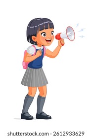 Cute little Asian girl in school uniform holding a loudspeaker talking or shouting excitedly making an announcement. Cartoon vector illustration isolated on white background.